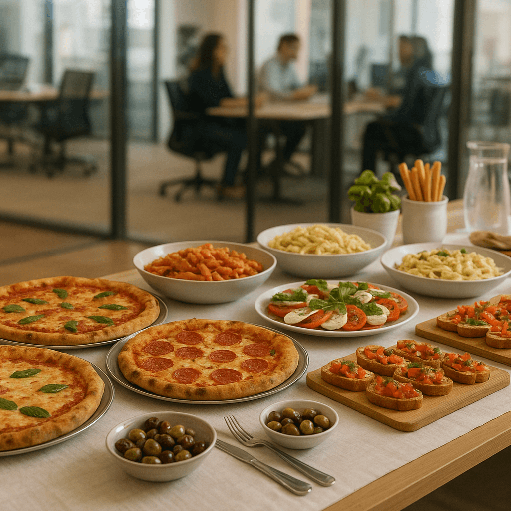 Catering-Buffet mit Pizza und italienischen Speisen