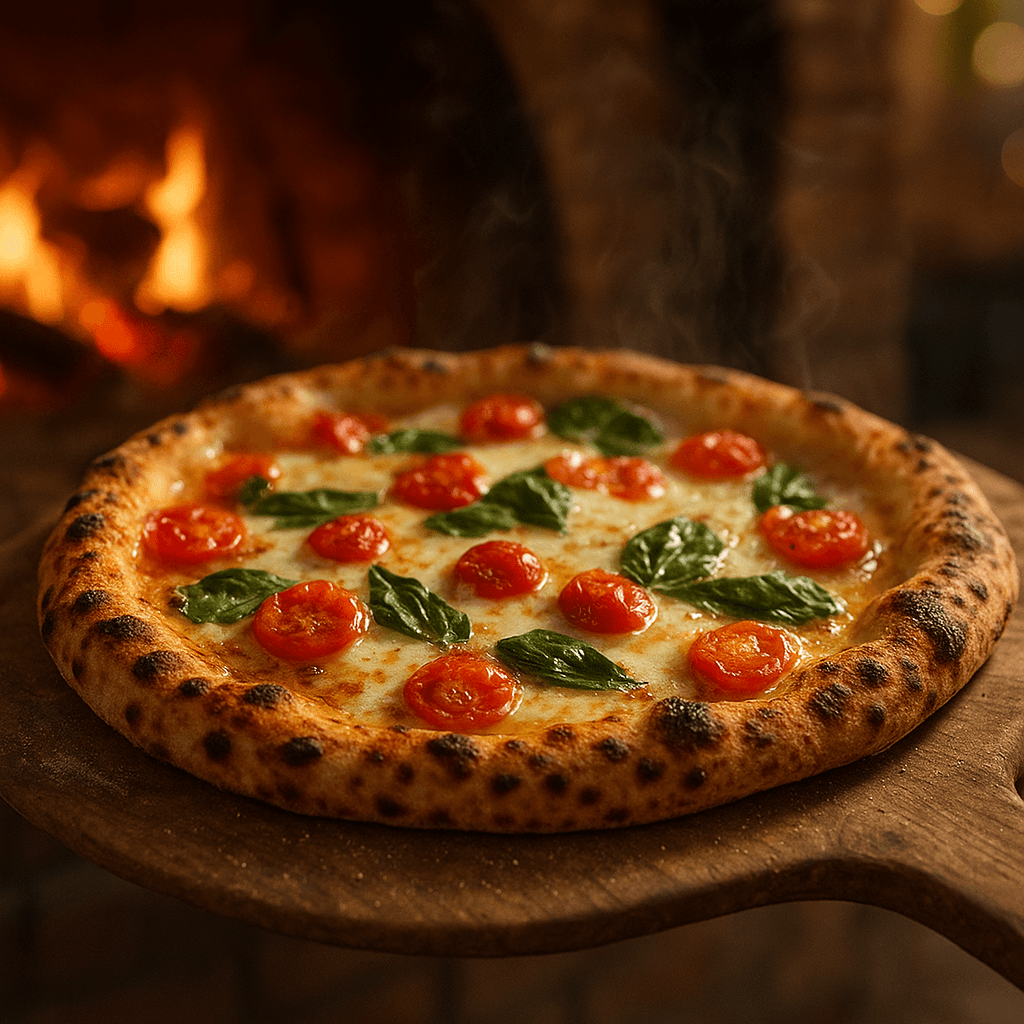 Frische Holzofenpizza wird aus dem Ofen geholt