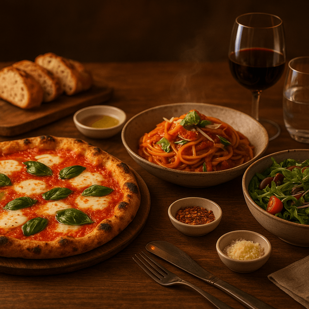 Italienischer Tisch mit Pizza, Pasta und Salat