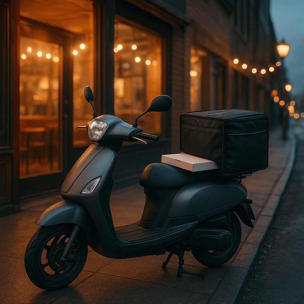 Lieferszene mit Thermotasche und Roller